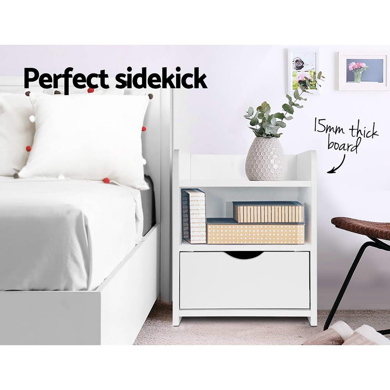 Fara Bedside Tables with Shelves – White – Set of 2