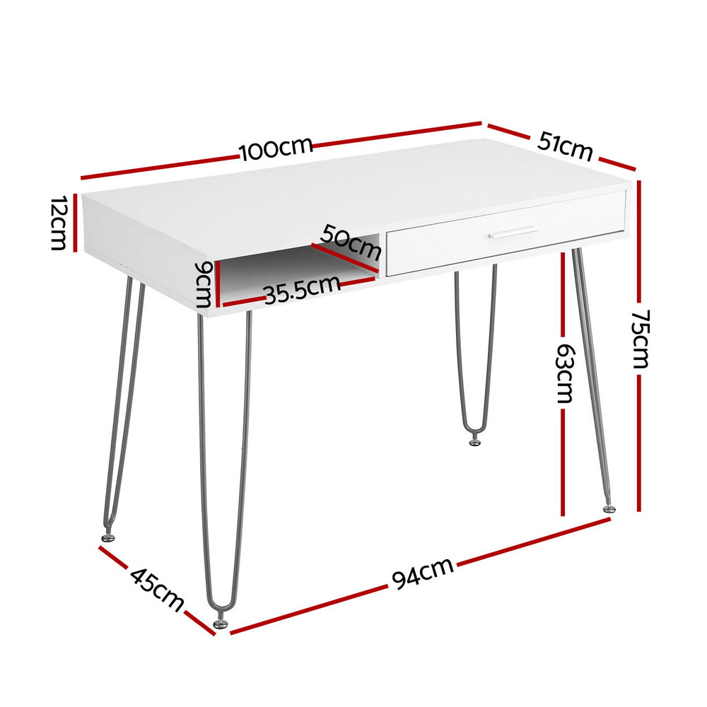 Valentina Compact Desk with Storage – White – 100 cm