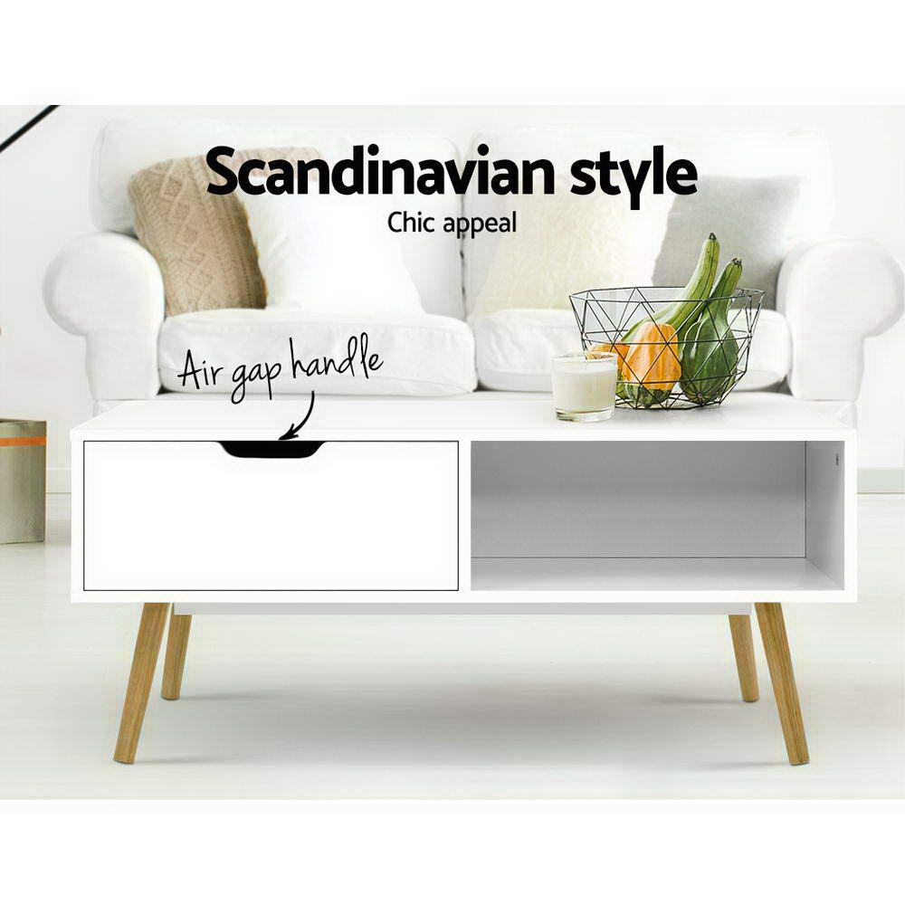 Nordic Coffee Table – White – Storage Drawer