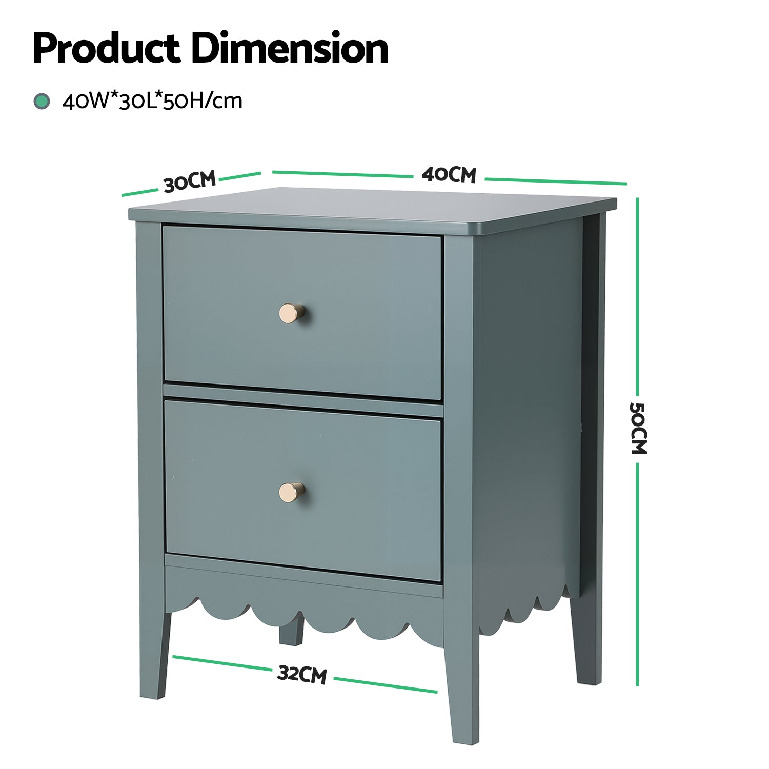 Nara Bedside Table with 2 Drawers – Green – 50 cm