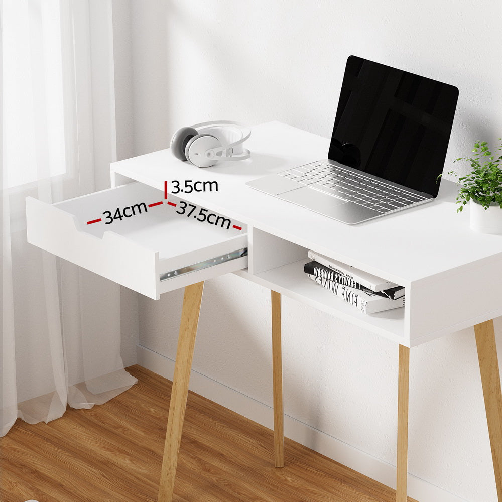 Nordic Computer Desk with Drawer & Shelf 90cm – White & Oak