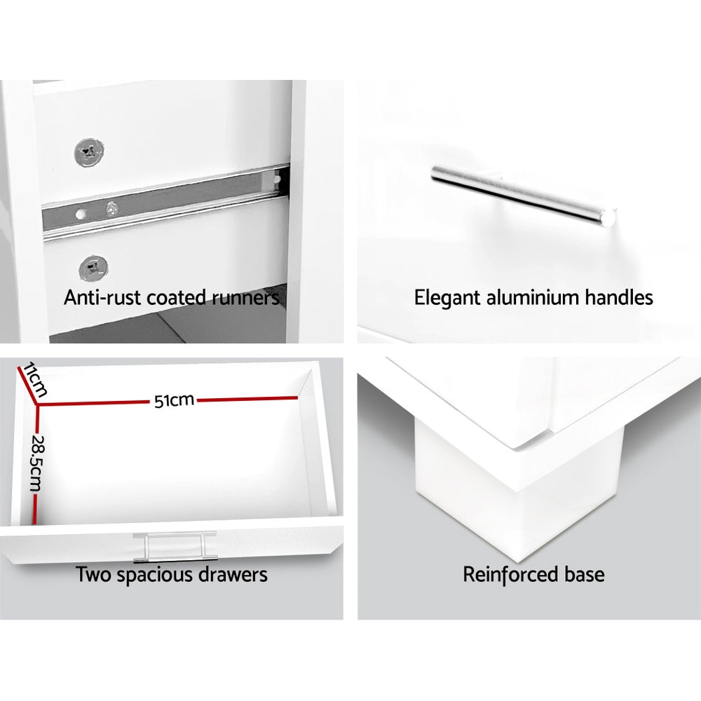 Luxena 2-Drawer Bedside Table – High Gloss White – Standard