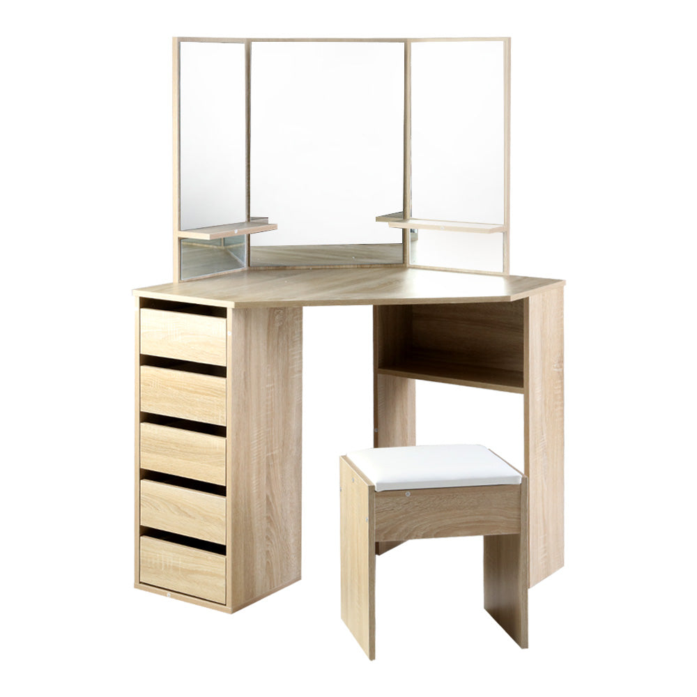 Bellaire Corner Dressing Table Set – Oak – 5 Drawers with Stool