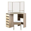 Corner Dressing Table Set – 5 Drawers, Oak with Stool