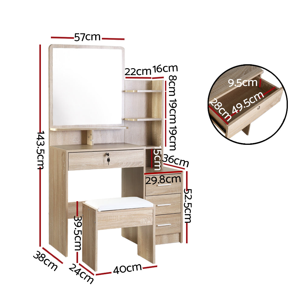 Marlowe Dressing Table Set – Oak – 4 Drawers with Stool