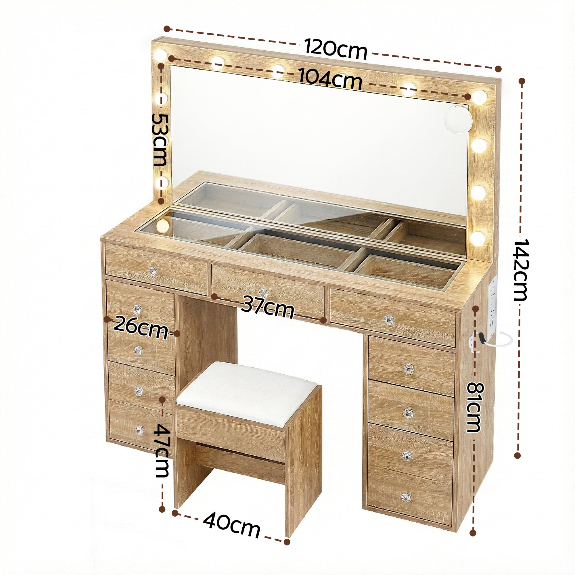 Alderon LED Dressing Table Set with Stool – Wood