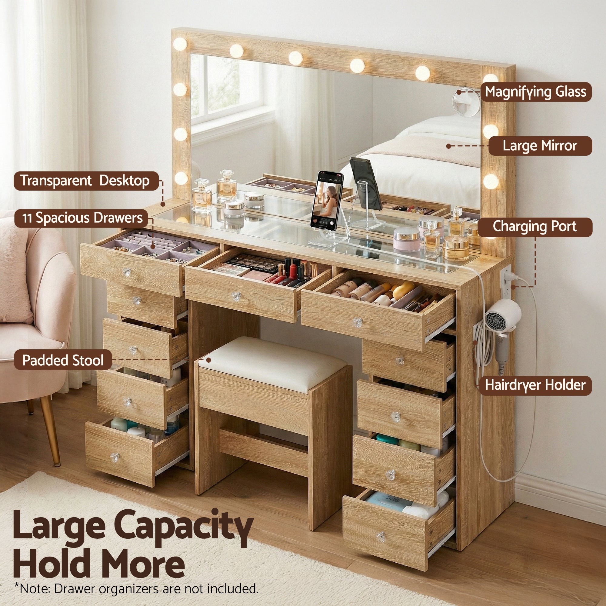 Alderon LED Dressing Table Set with Stool – Wood