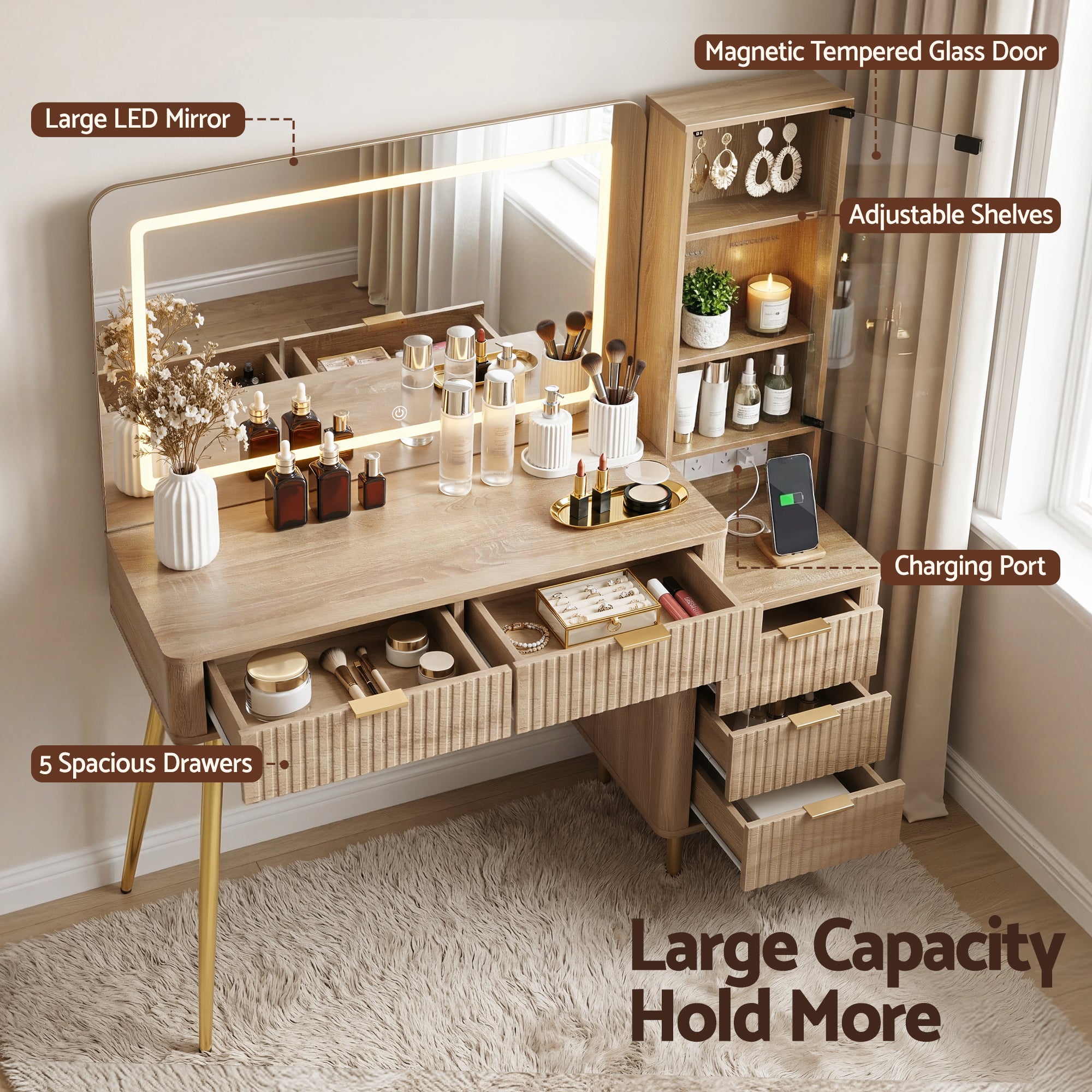 Marston LED Dressing Table with Charging Station – Wood – 121 cm