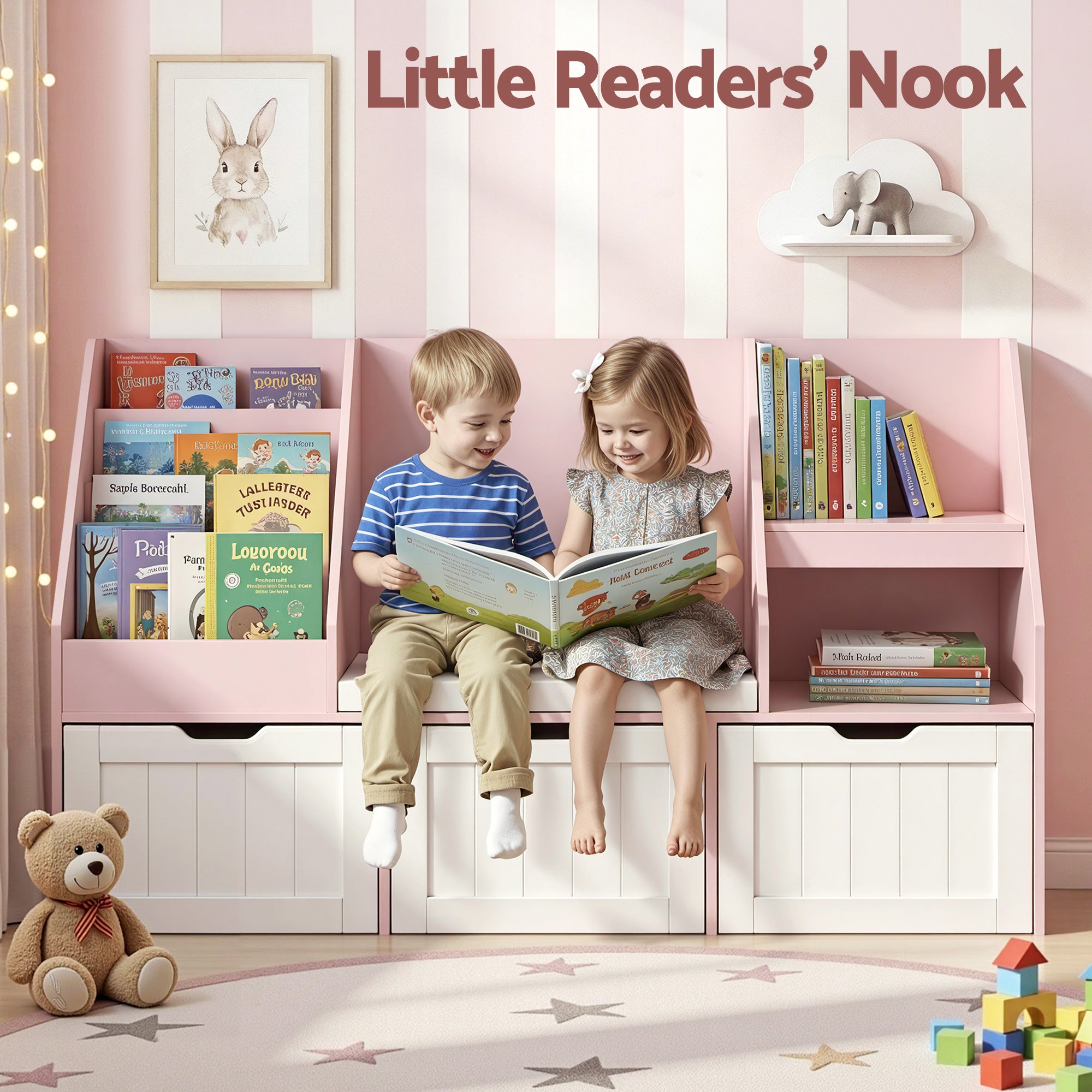 Halston Kids Storage Bookshelf with Bench – Pink – 140 cm