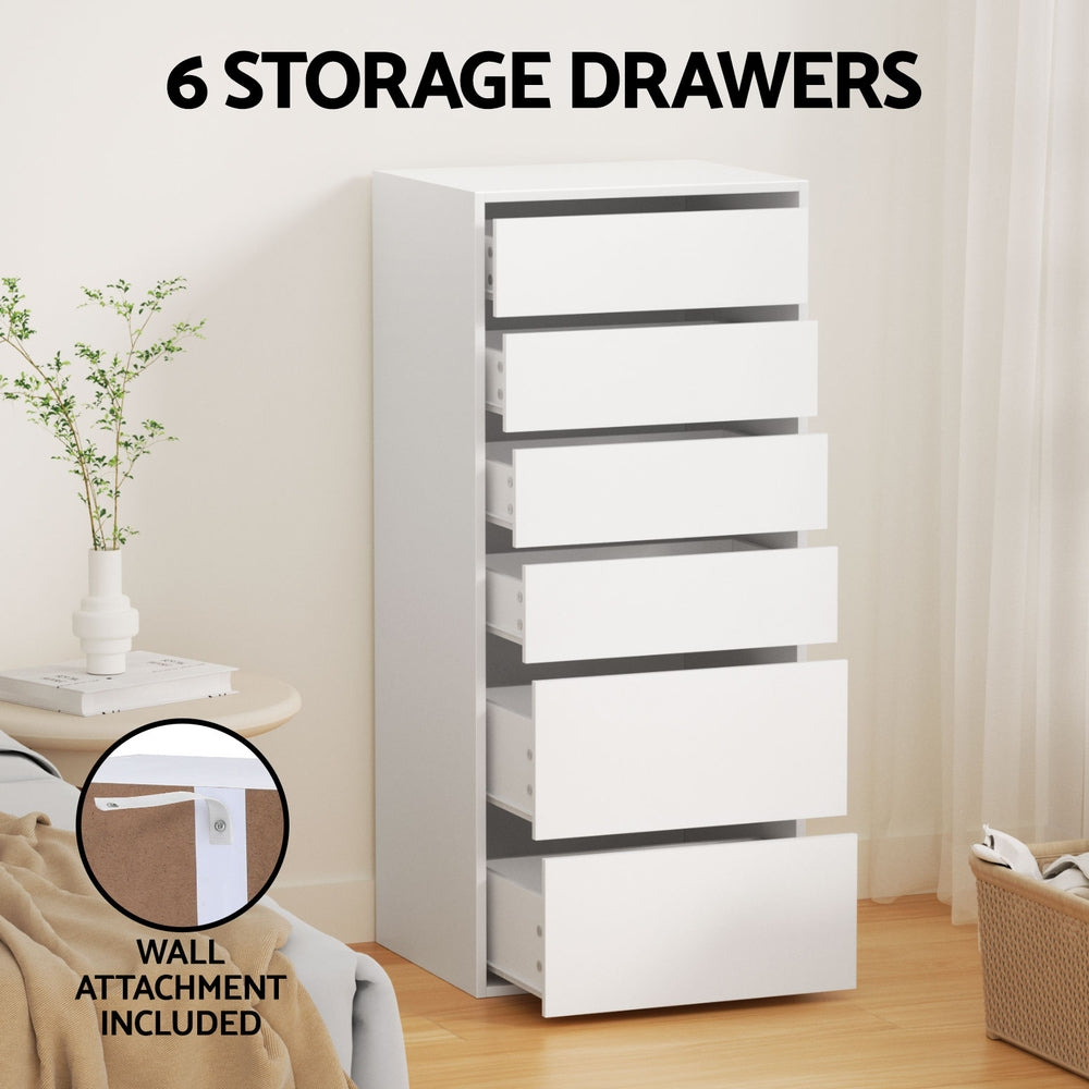 Nova 6 Drawer Tallboy – White – 113 cm