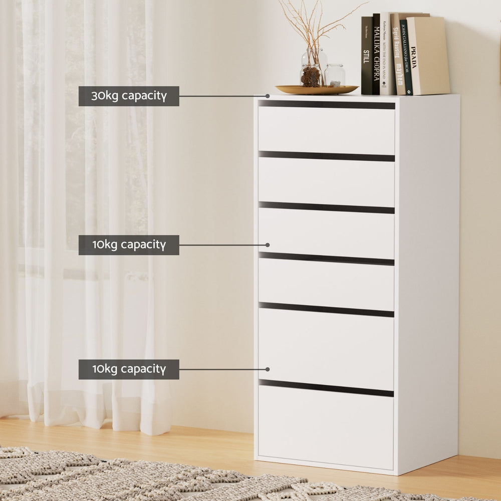 Nova 6 Drawer Tallboy – White – 113 cm