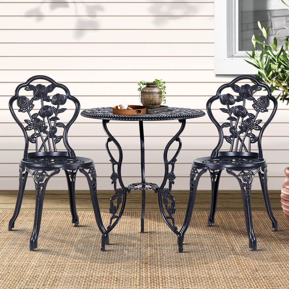 Linden 3PC Outdoor Setting Bistro Set Chairs Table Cast Aluminum Rose Black