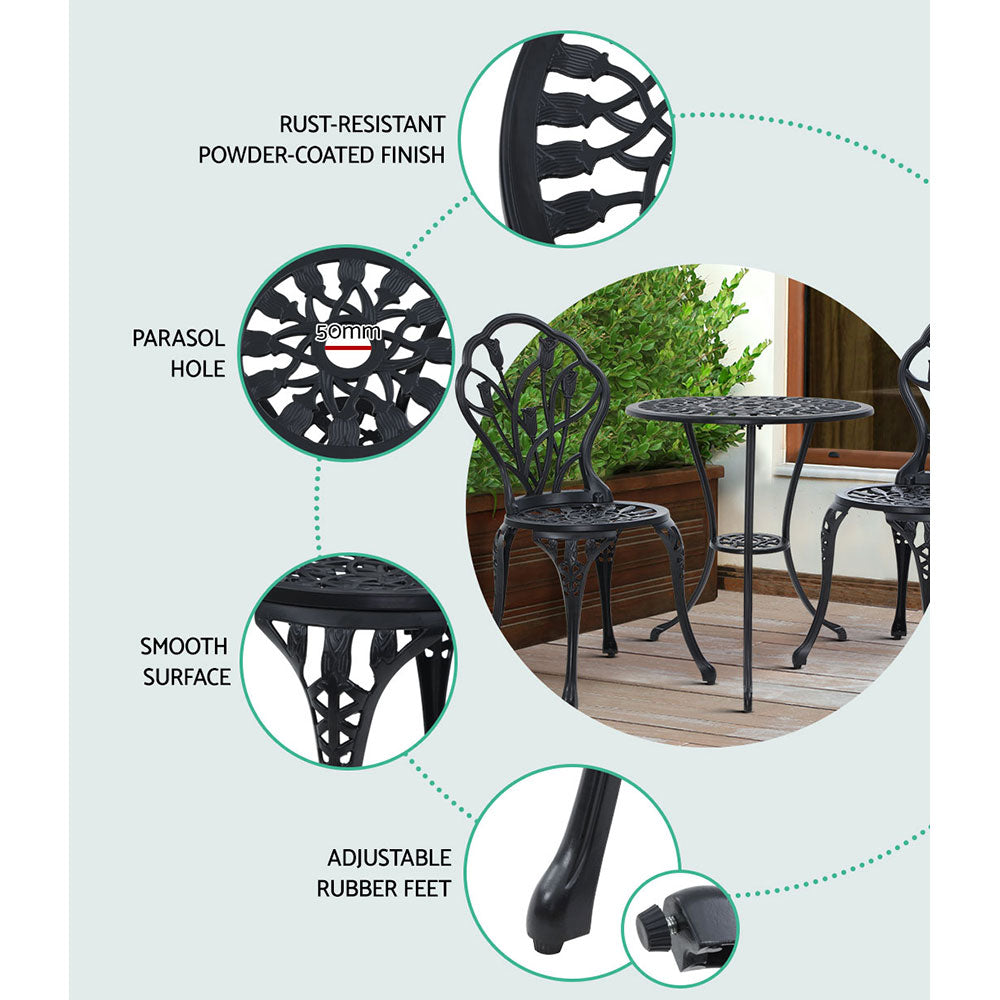 Celano Cast Aluminium Bistro Set – Black – 3 Piece