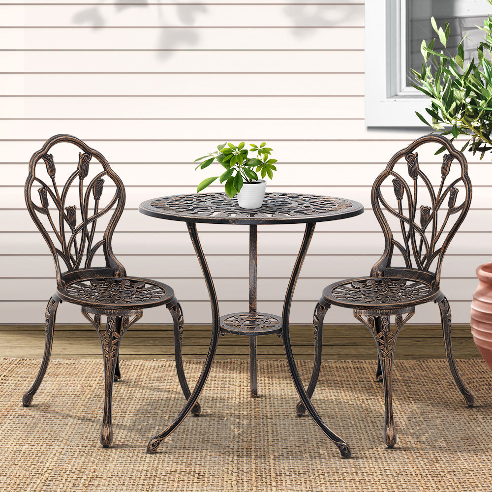 Linden 3PC Outdoor Setting Bistro Set Chairs Table Cast Aluminum Patio Furniture Tulip Bronze