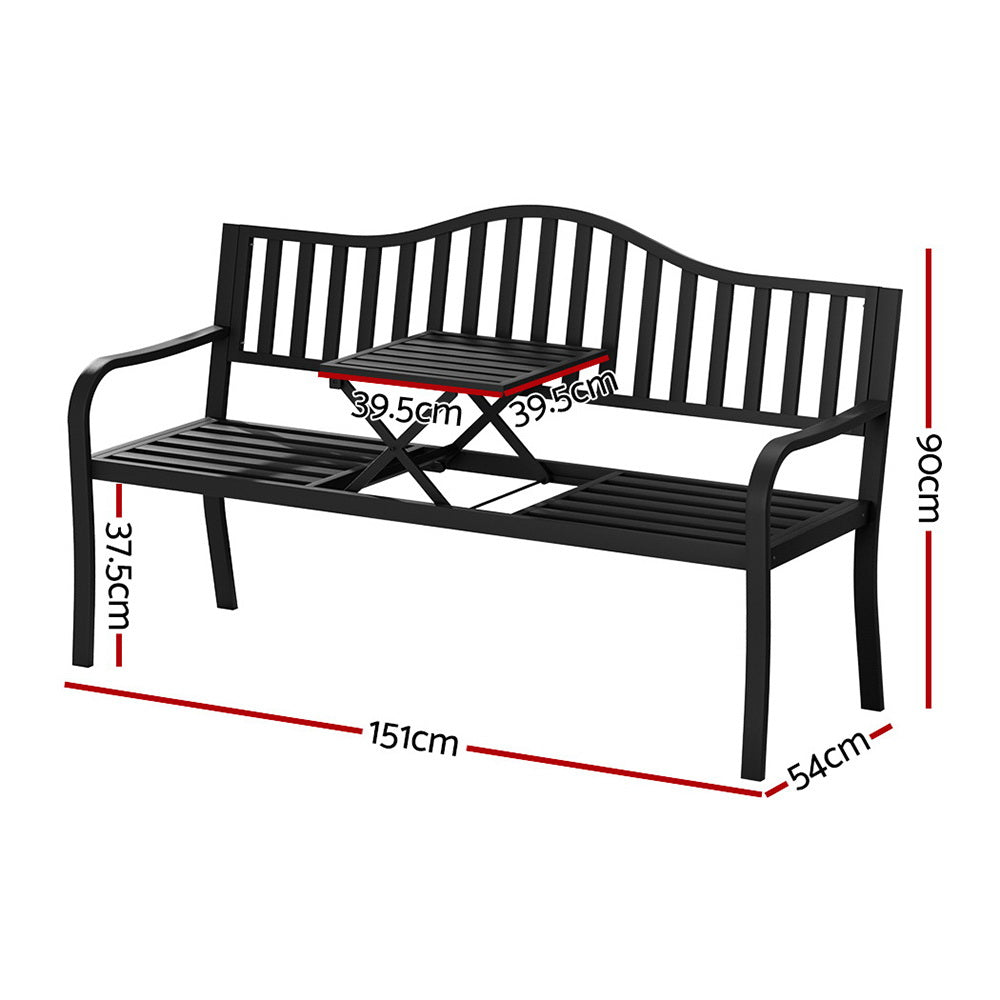 Marston Steel Garden Bench with Foldable Table – Black – Outdoor