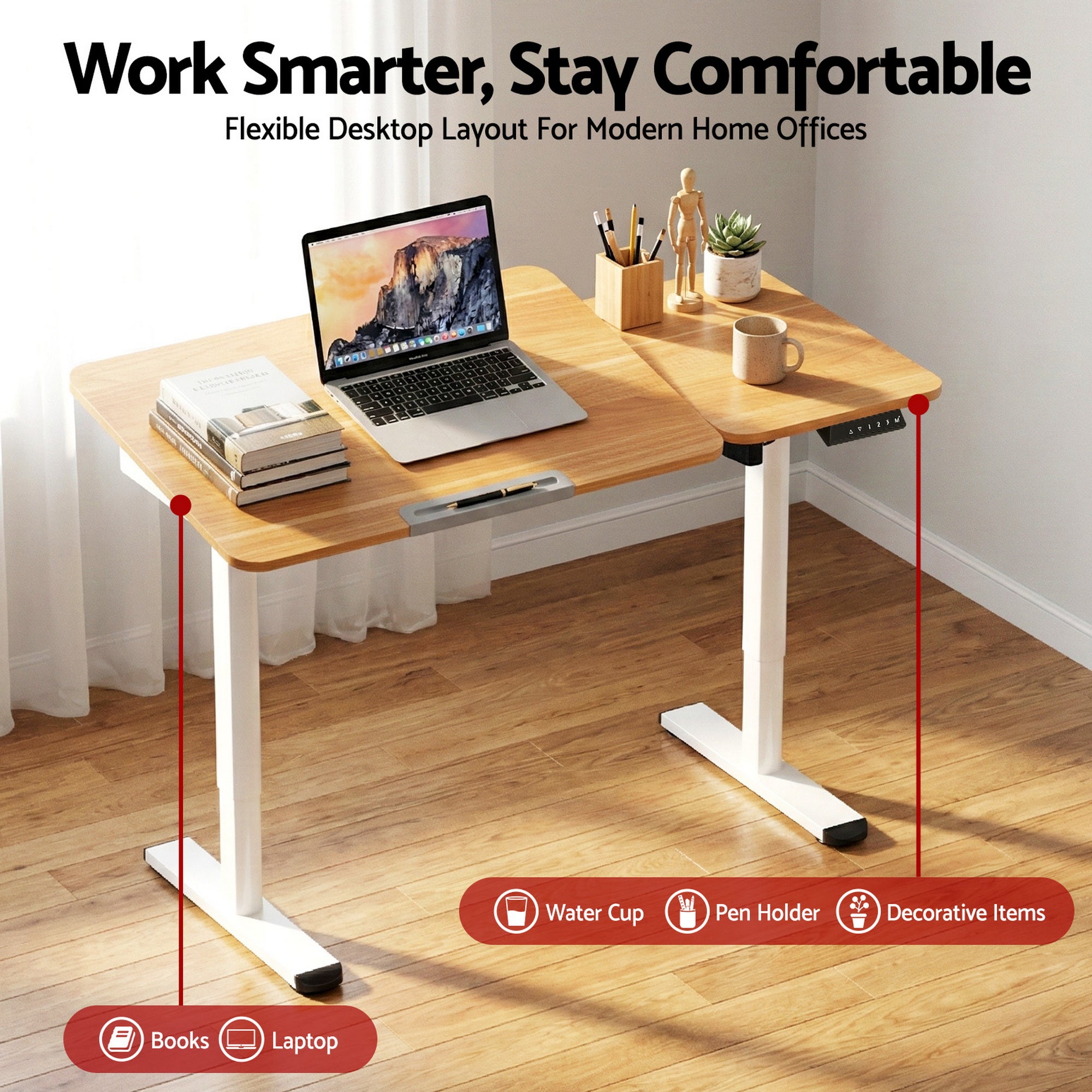 Artisan Electric Tilting Sit Stand Desk – Oak & White – 110cm