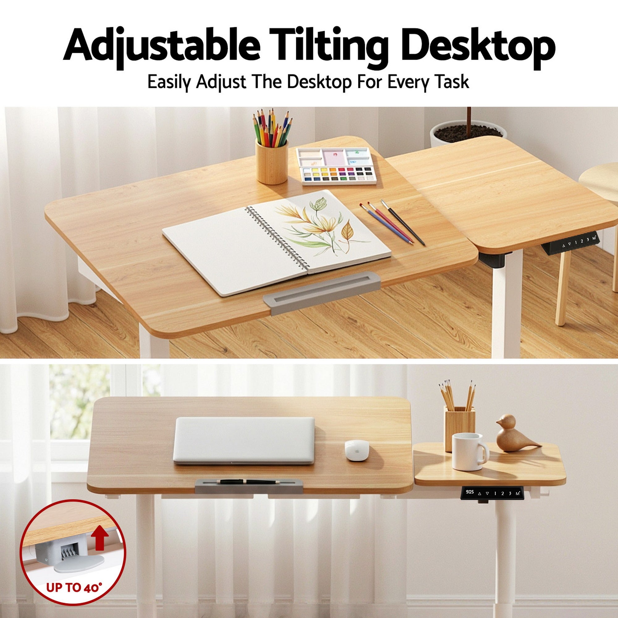 Artisan Electric Tilting Sit Stand Desk – Oak & White – 110cm