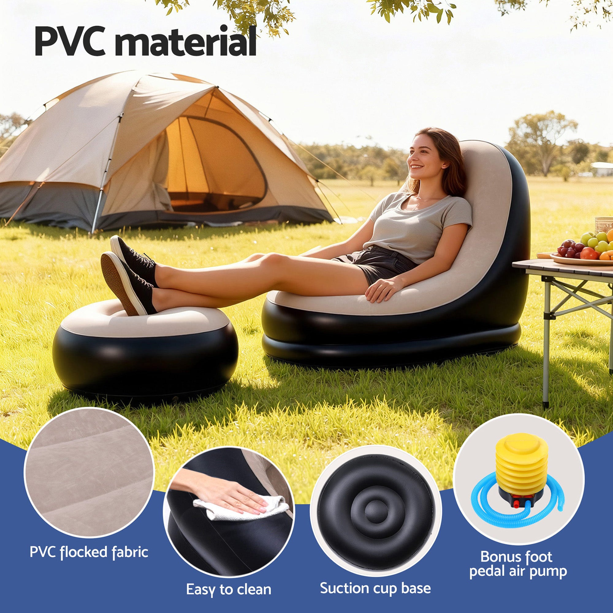 Recliner Inflatable Chair with Ottoman – Brown – Single