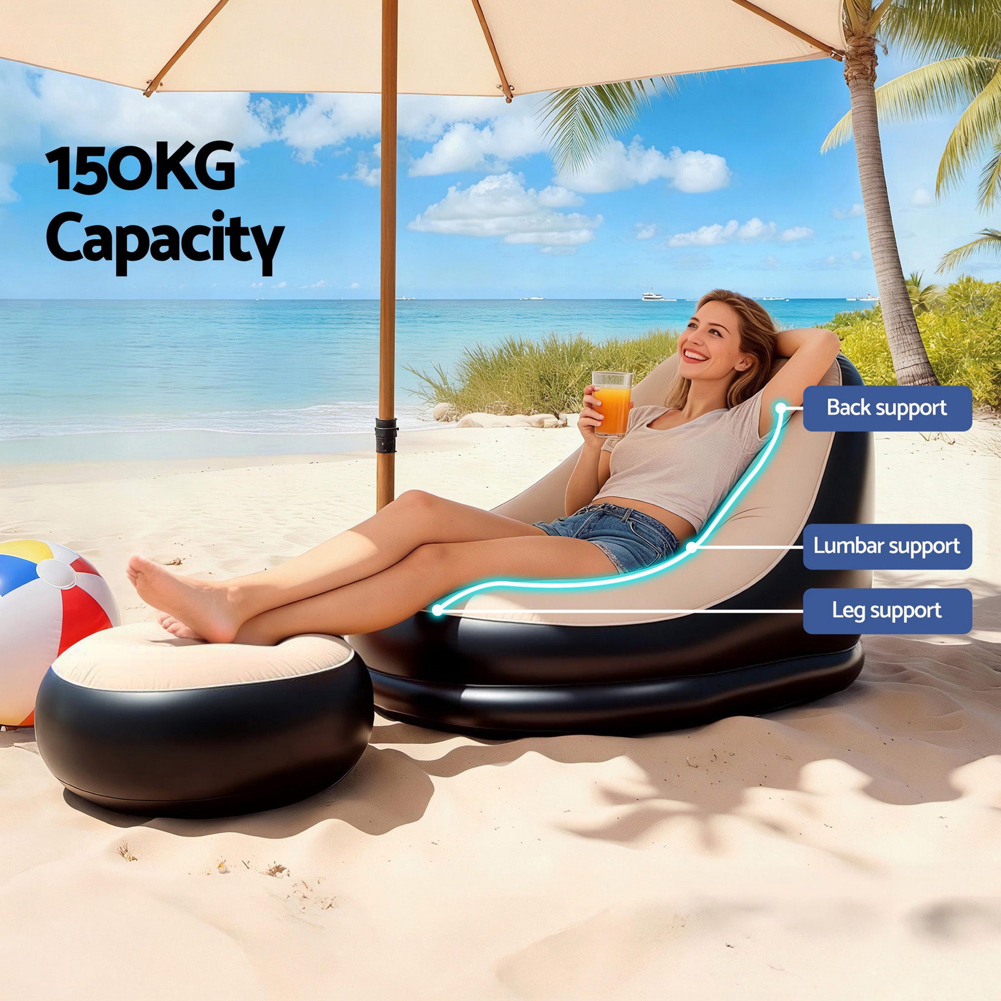 Recliner Inflatable Chair with Ottoman – Brown – Single