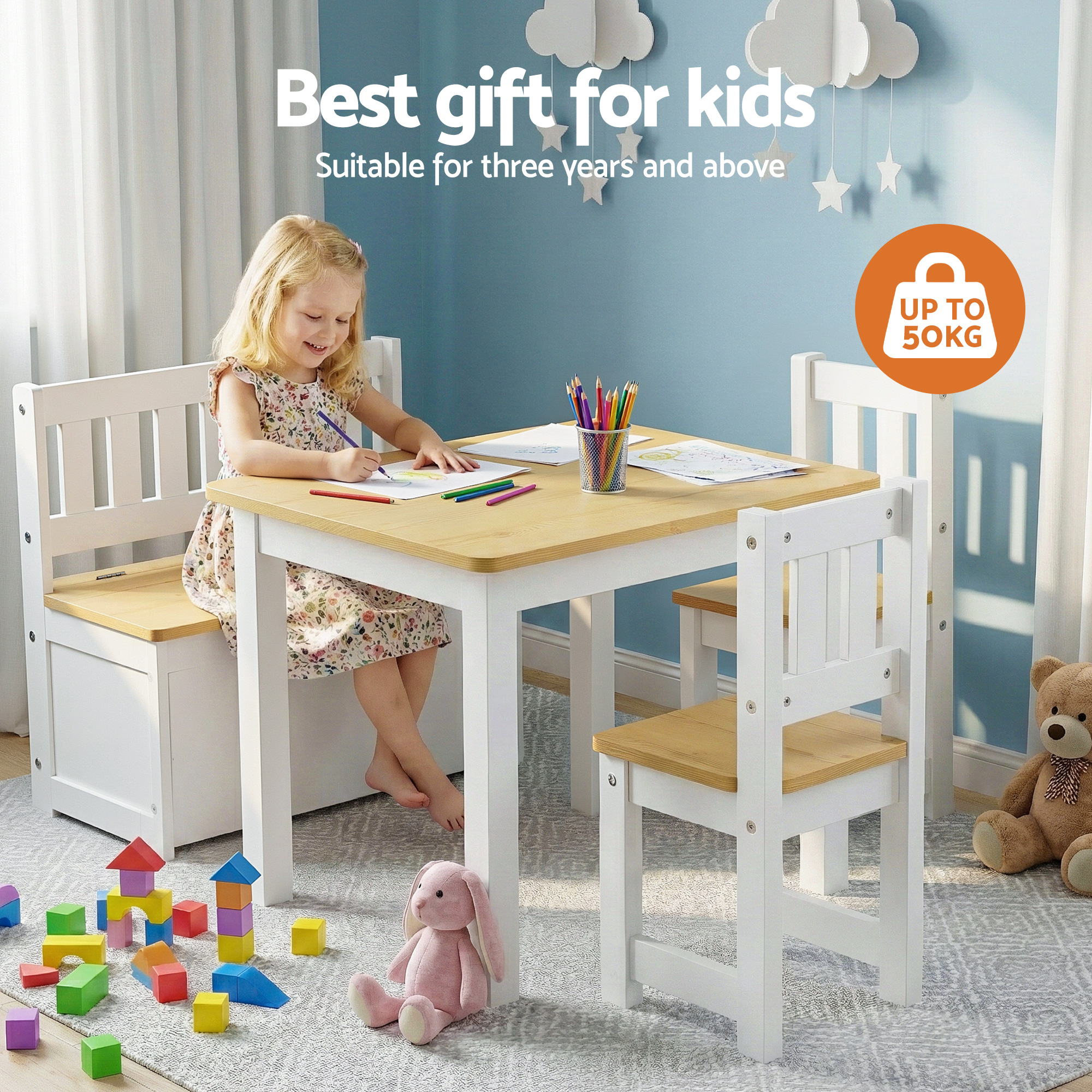 Atlas Kids Activity Table Set with Bench – Natural – 4 Piece