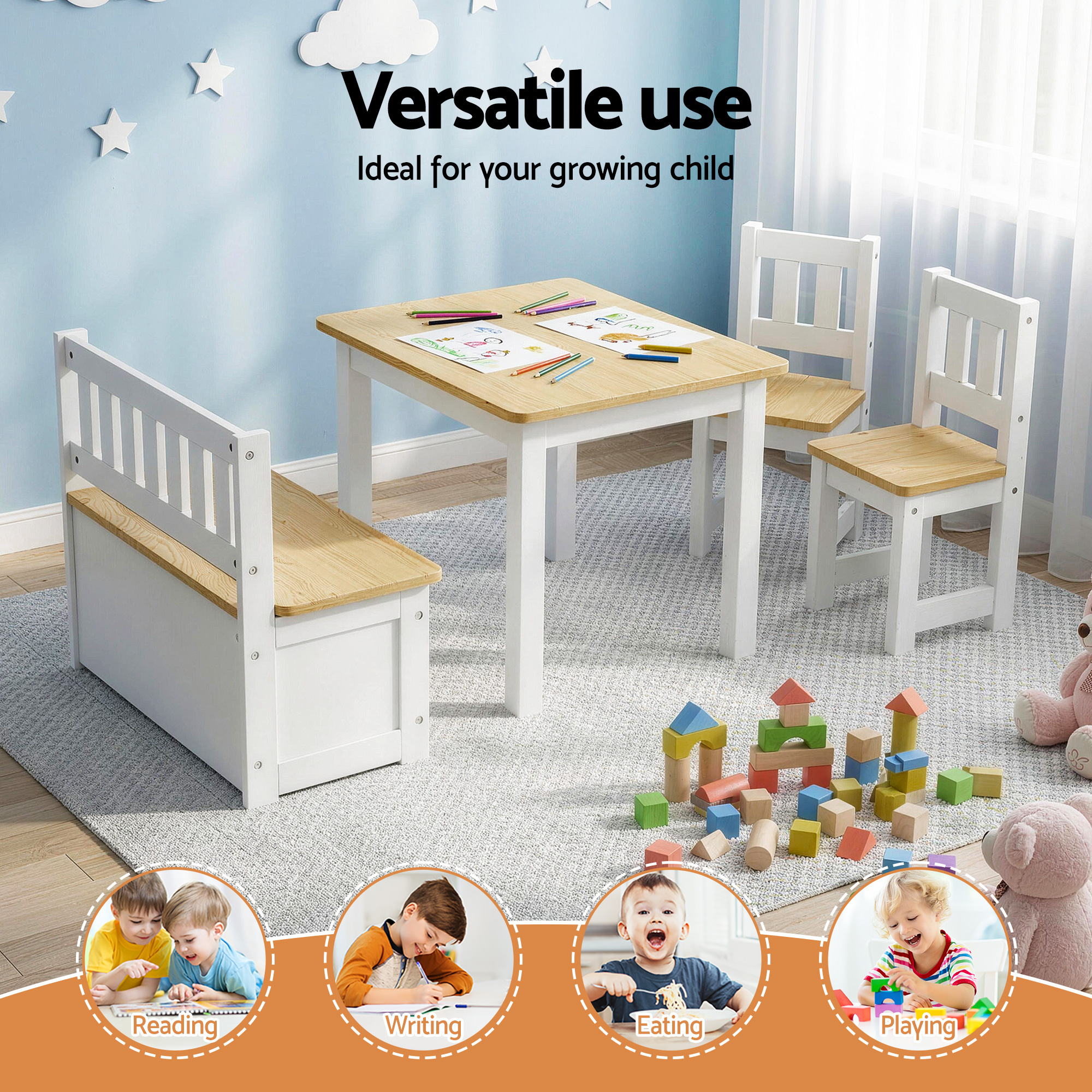 Atlas Kids Activity Table Set with Bench – Natural – 4 Piece