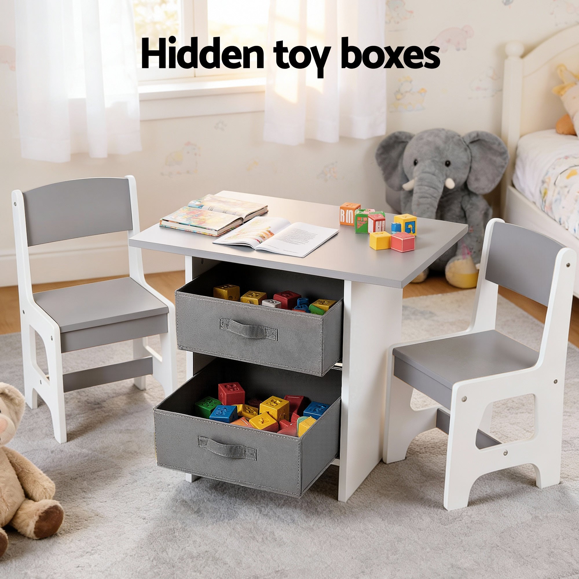 Marlo Kids Activity Table Set with Storage – Grey – 3 Piece