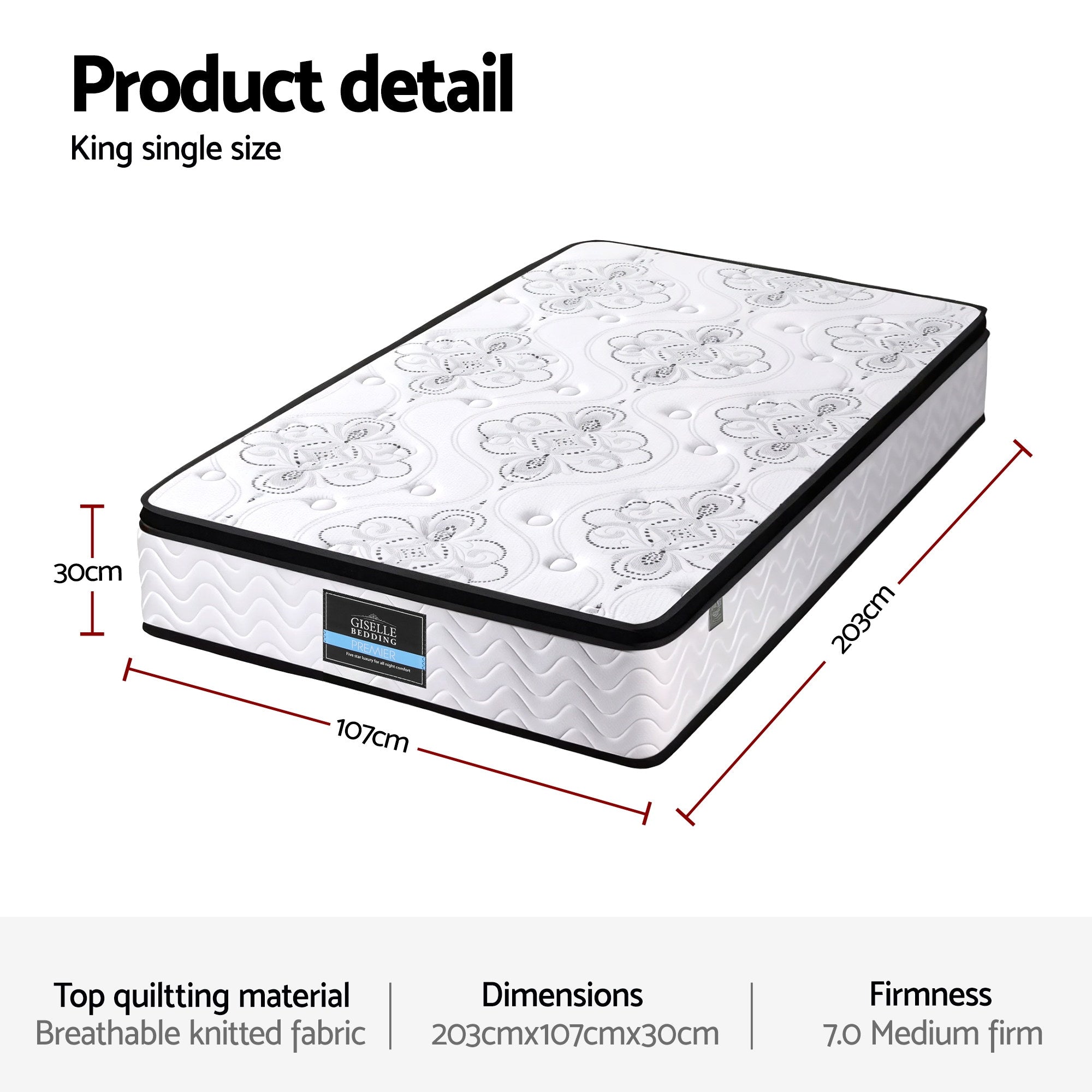 Arlo Mattress 30cm Pocket Spring Euro Top Medium Firm – King Single