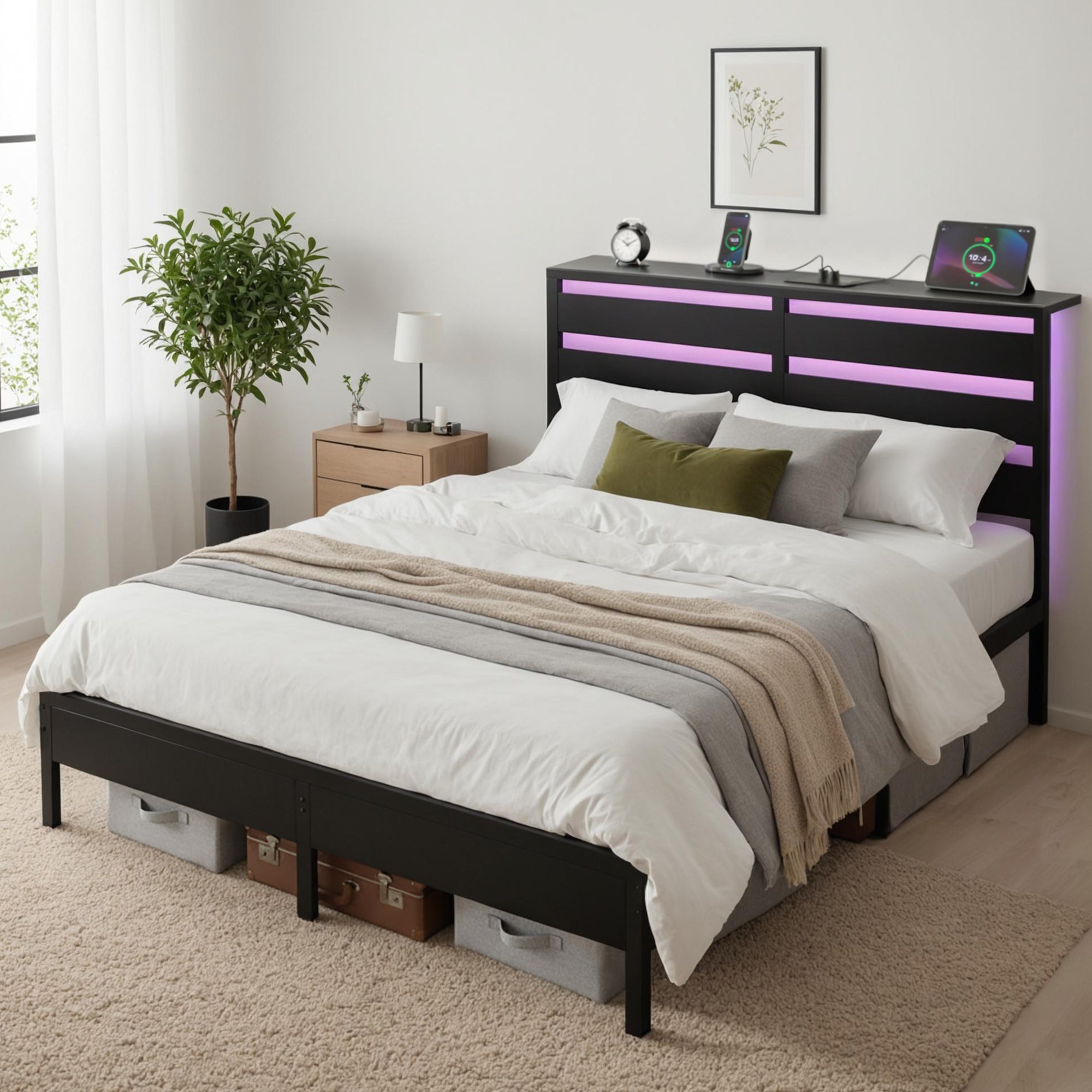 Bed Frame LED Metal Bed Base with Charging Station – Double