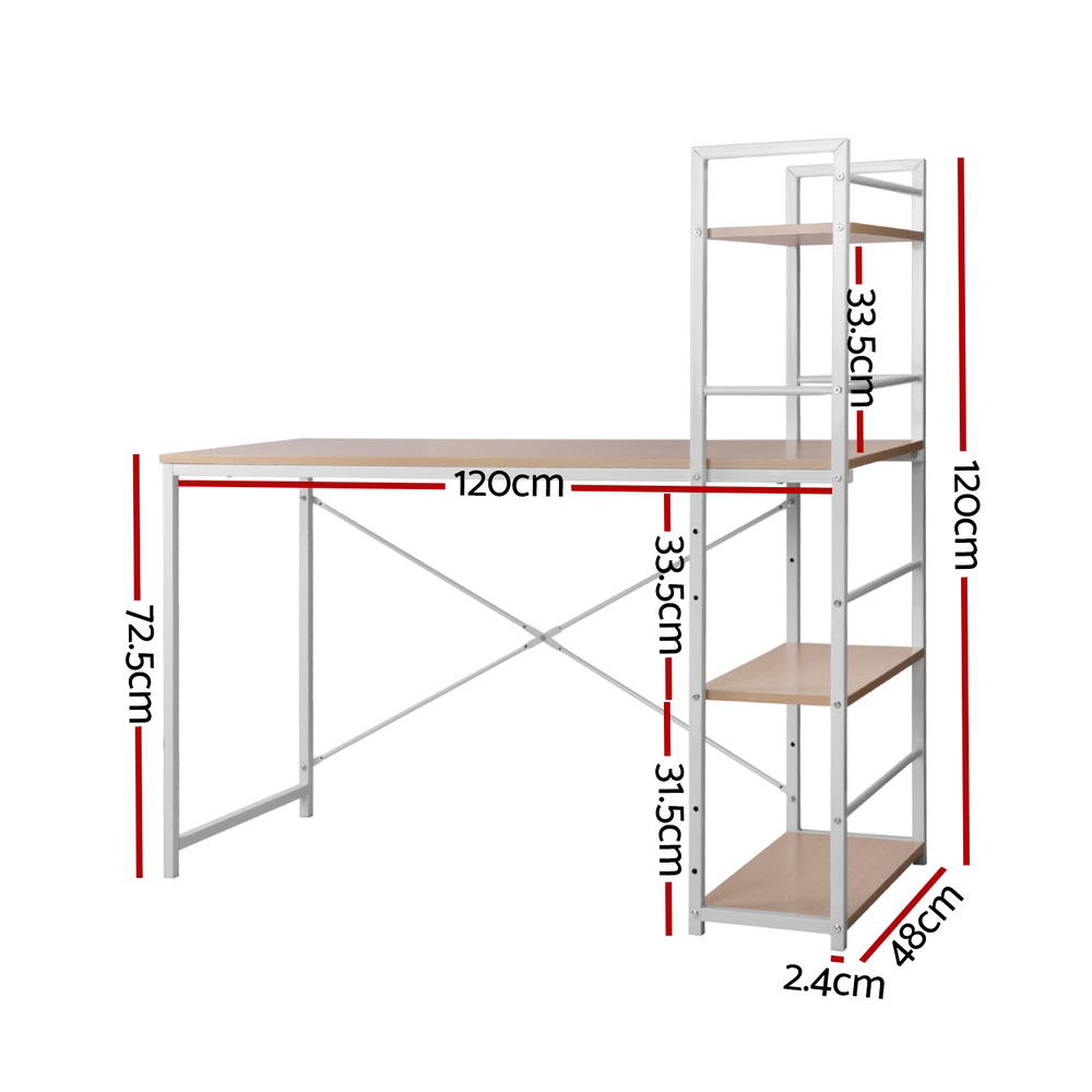 Serano Metal Computer Desk with Shelves – White & Oak – 120 cm