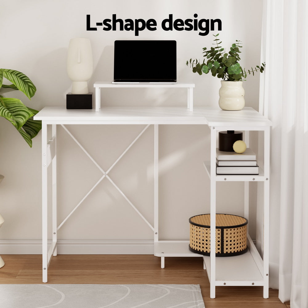 Serano L-Shape Computer Desk with Open Shelves – White – 100 cm