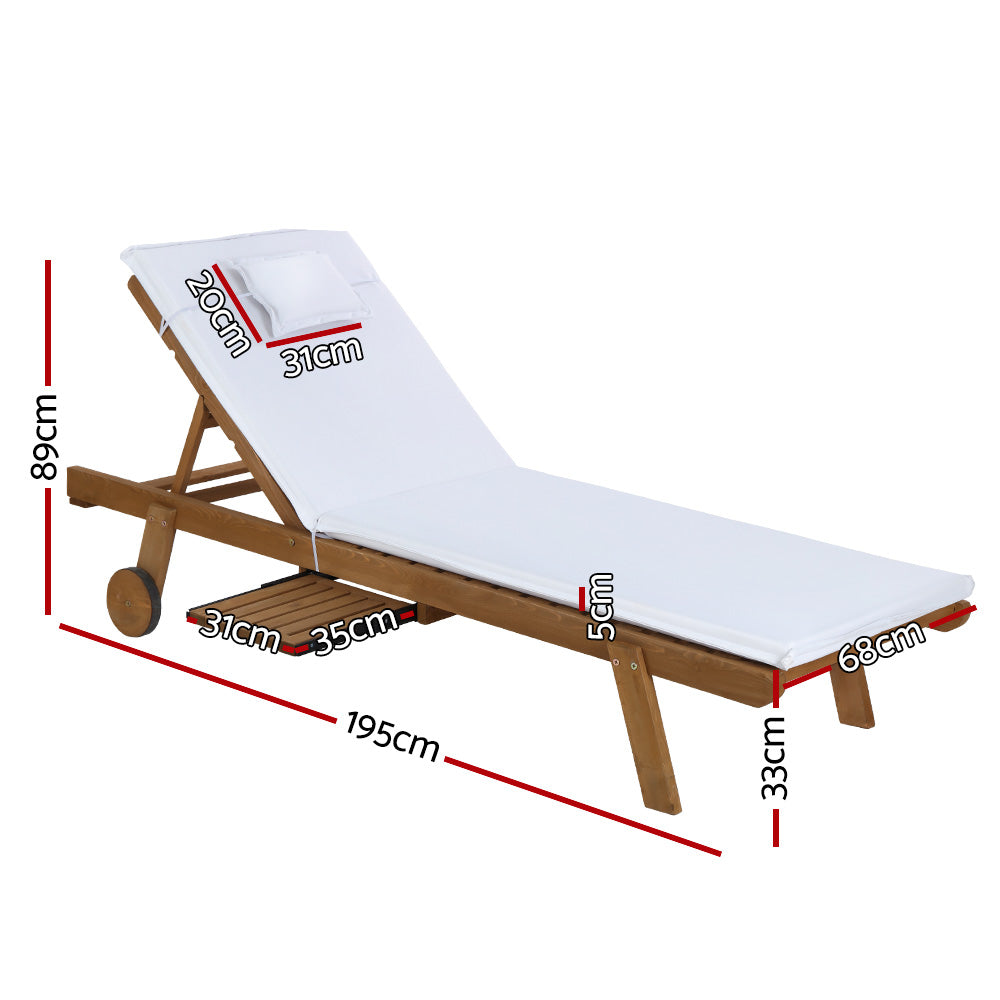 Valencia Wooden Sun Lounger – White Cushion – Wheels