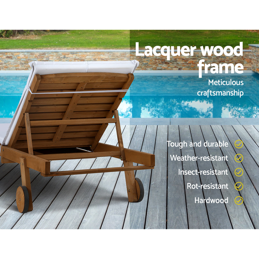 Valencia Wooden Sun Lounger – White Cushion – Wheels