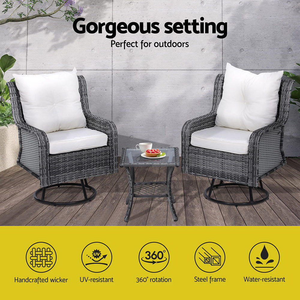 Atlas 3-Piece Swivel Bistro Set – Grey – Wicker