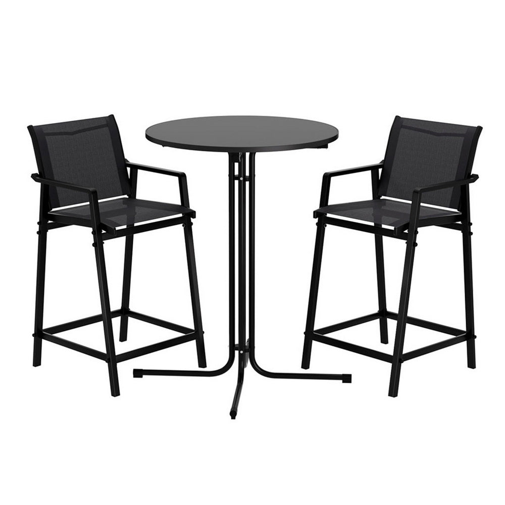 Nova 3PC Outdoor Bar Set Stools Dining Chairs Table Patio Furniture Bistro Set Steel Black