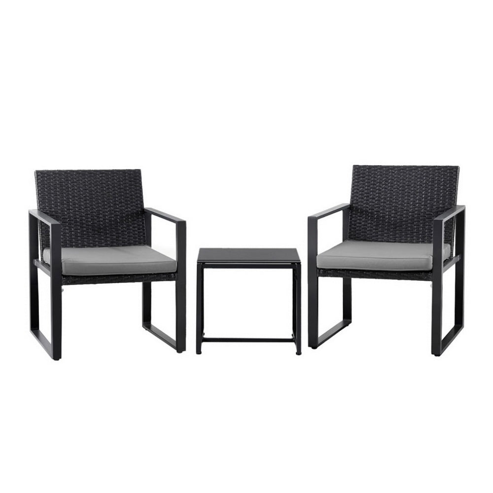 Haven 3PC Outdoor Bistro Set Patio Furniture Wicker Dining Chairs Table Cushion Black