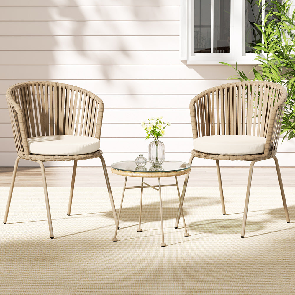 Nova 3PC Outdoor Bistro Set Patio Furniture Rope Setting Chairs Table Beige