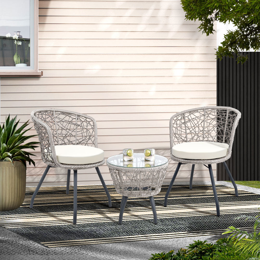 Atlas 3PC Bistro Set Outdoor Furniture Rattan Table Chairs Patio Garden Cushion Grey