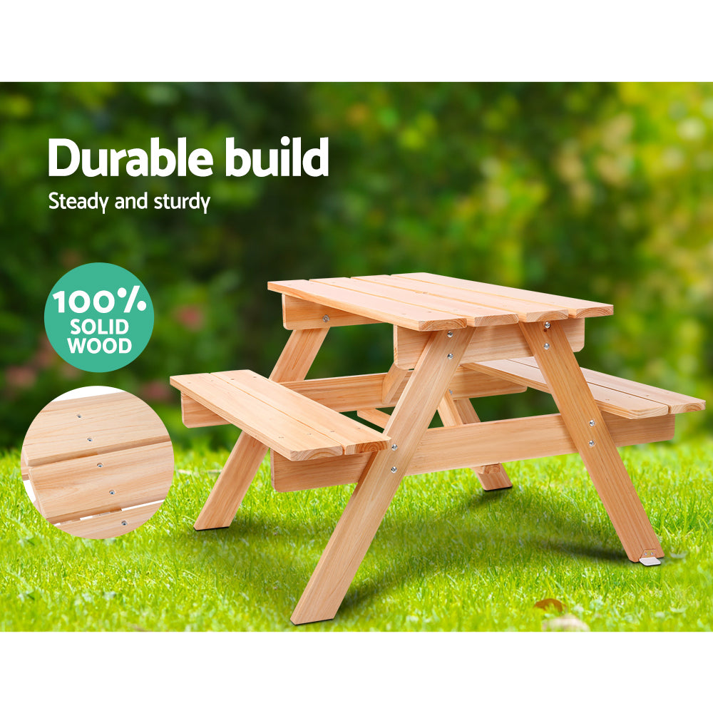 Solara Kids Picnic Set with Umbrella – Natural Wood – Table & Benches