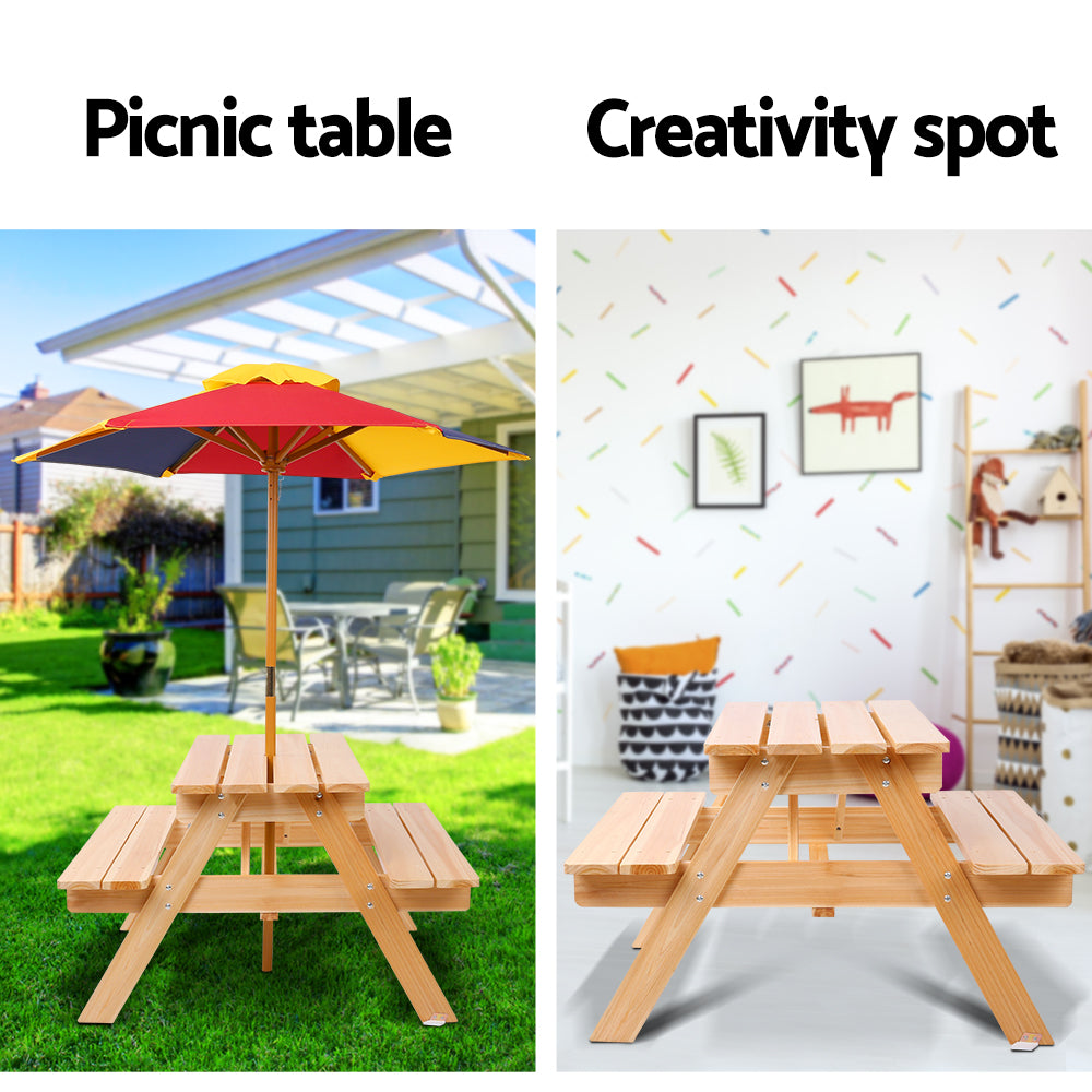 Solara Kids Picnic Set with Umbrella – Natural Wood – Table & Benches