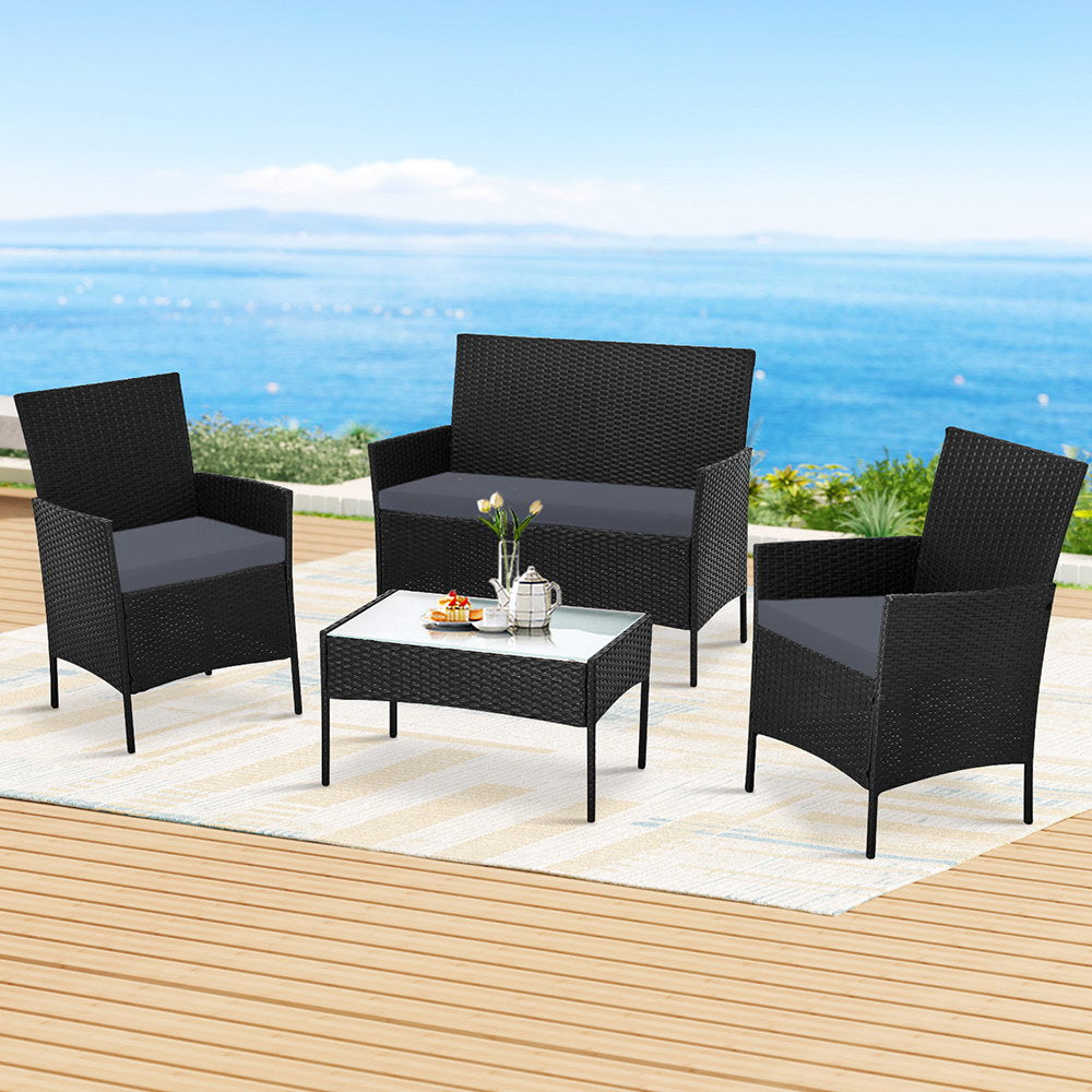 Atlas 4 Seater Outdoor Sofa Set Wicker Setting Table Chair Furniture Dark Grey
