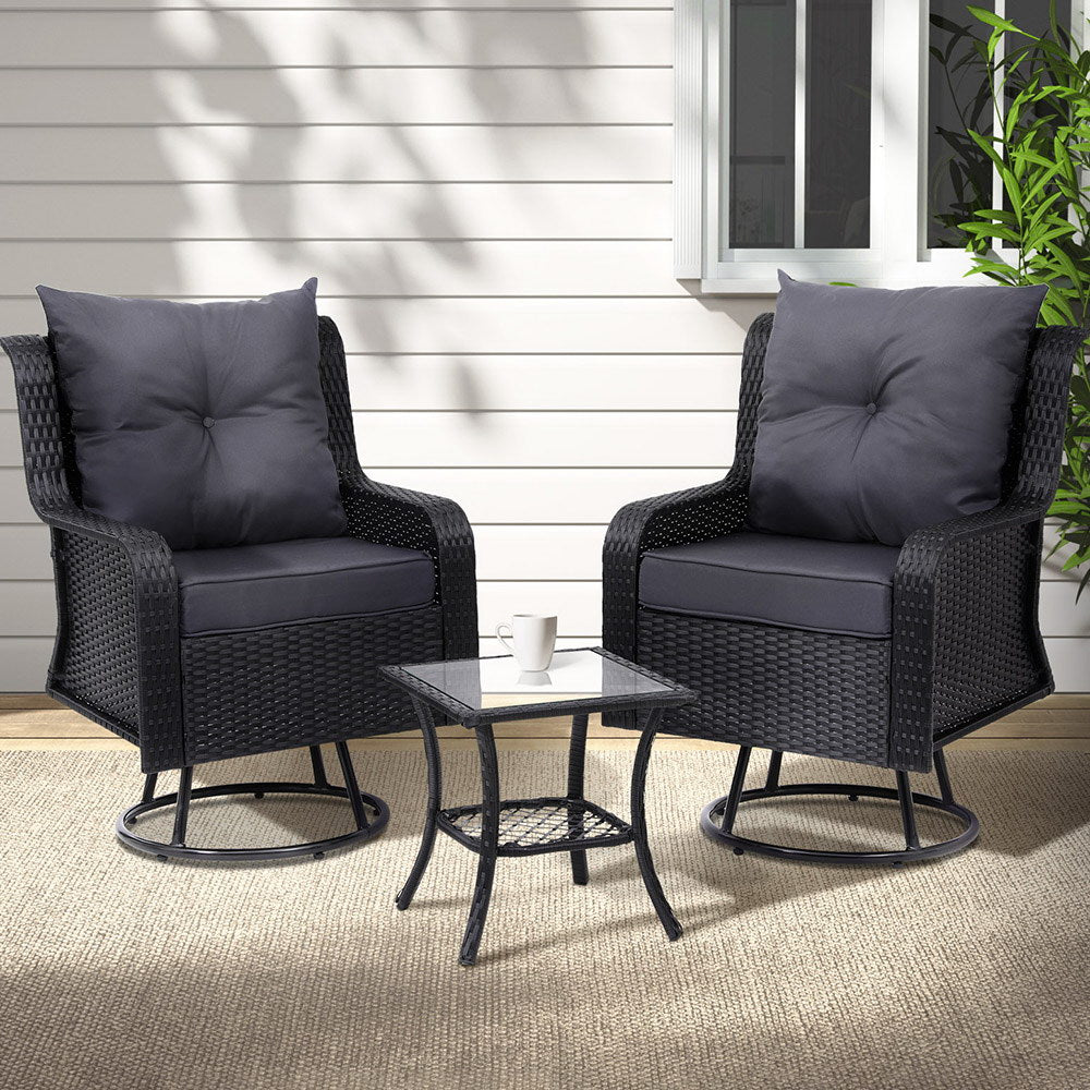Haven 3PC Outdoor Furniture Bistro Set Lounge Wicker Swivel Chairs Table Cushion Black