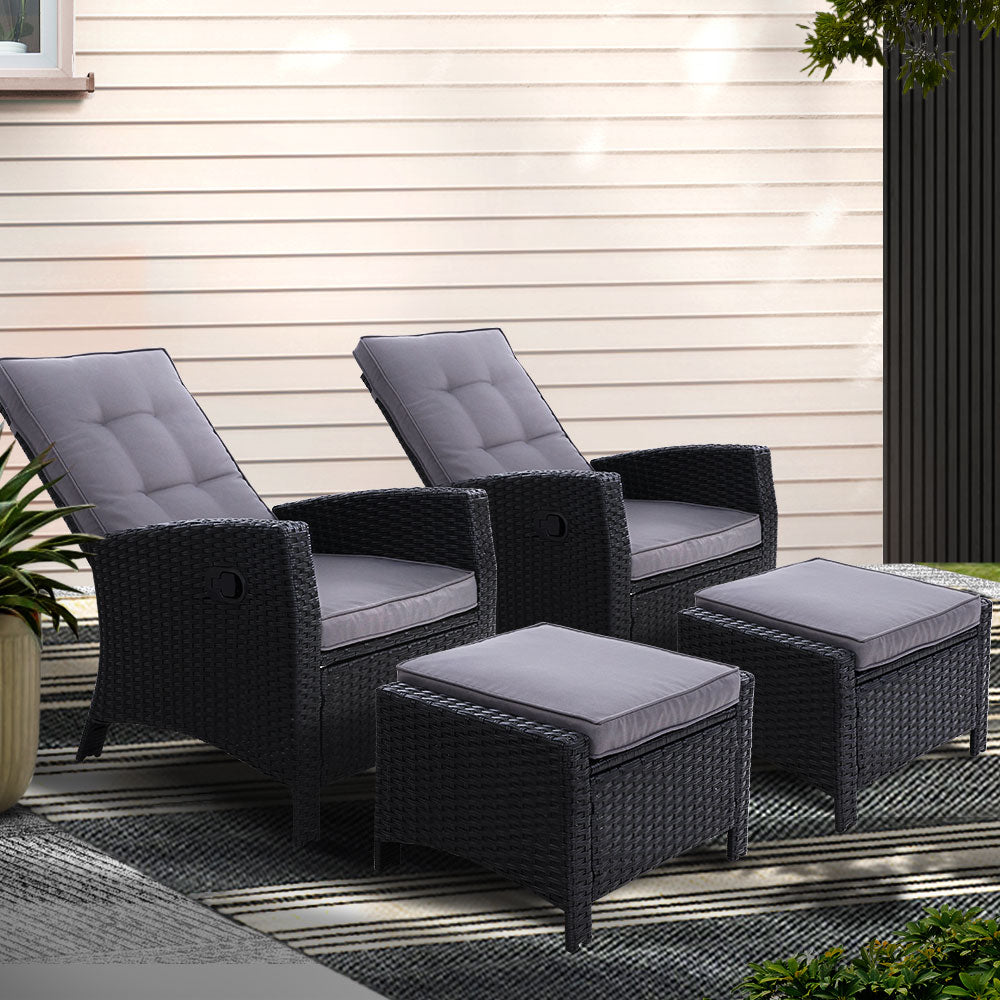 Cove 2PC Recliner Chairs Sun lounge Wicker Lounger Outdoor Furniture Adjustable Black