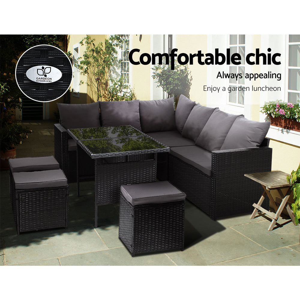 Oceana Outdoor Sofa Dining Set – Black – 9 Seater with Ottomans