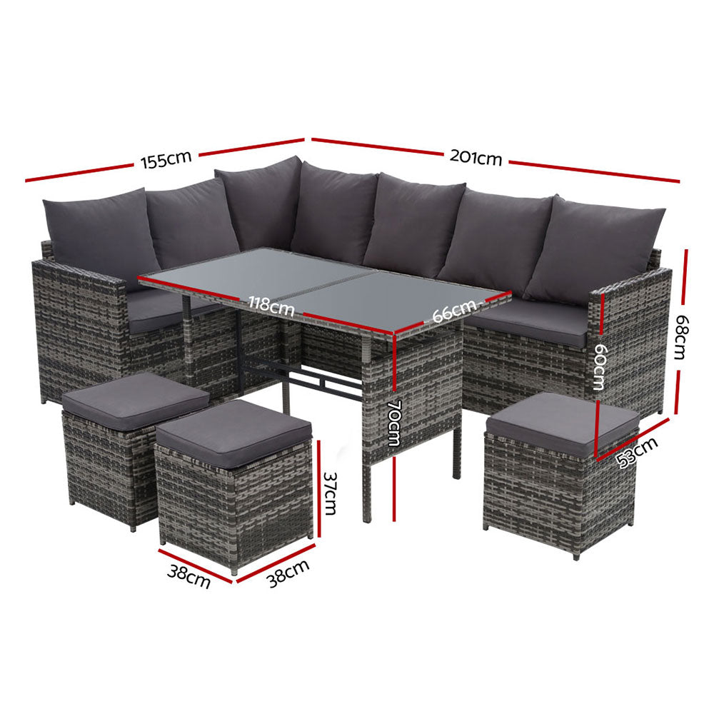 Oceana Outdoor Sofa Dining Set – Grey – 9 Seater with Ottomans