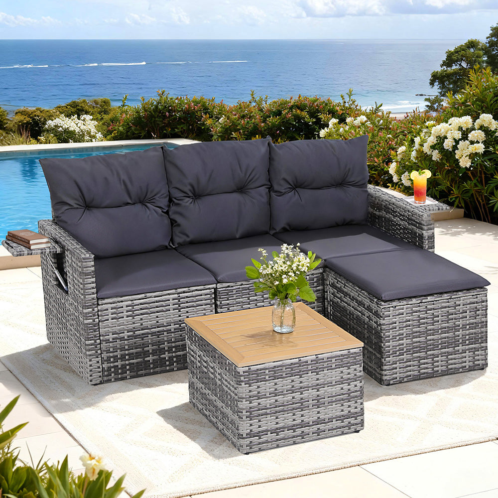 Haven 5 Pieces Outdoor Sofa Set 4 - Seater Grey Rattan Patio Furniture Table and Chair Setting