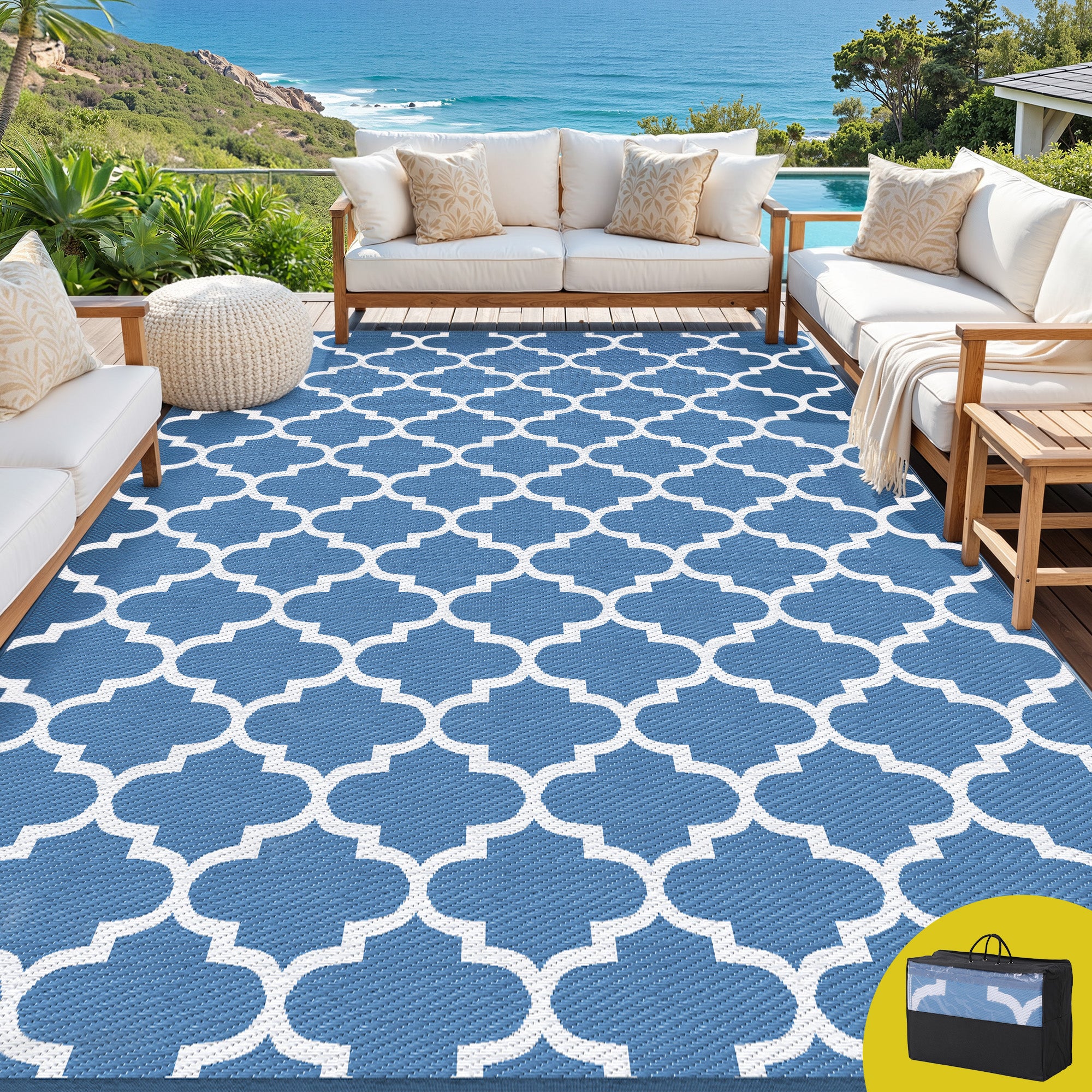Outdoor Rugs Large Carpet Reversible Area Mat PP Dual - Sided Patio Rug Blue