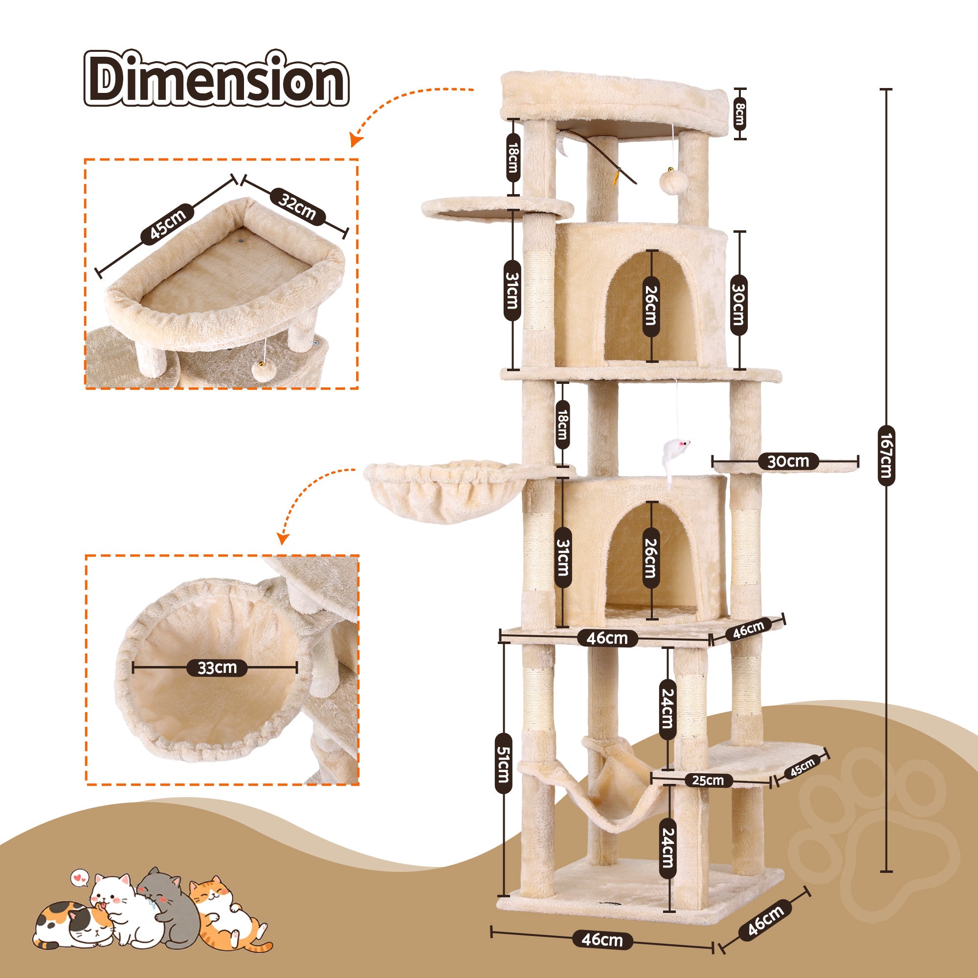 Maddox Cat Tree Tower – Beige – 167 cm