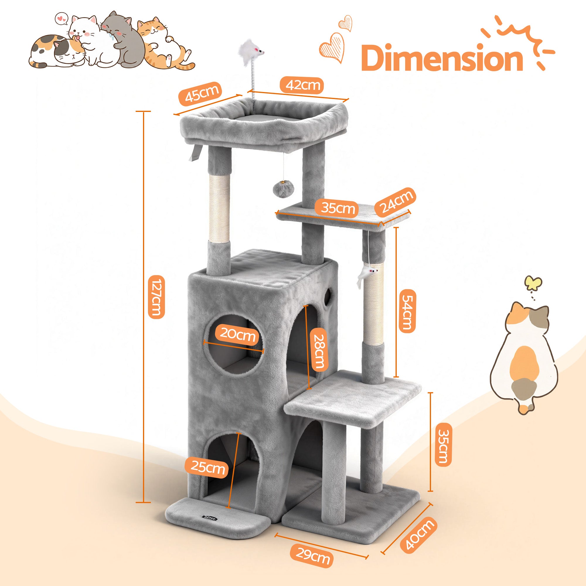 Everest Cat Tree Tower – Light Grey – 127 cm