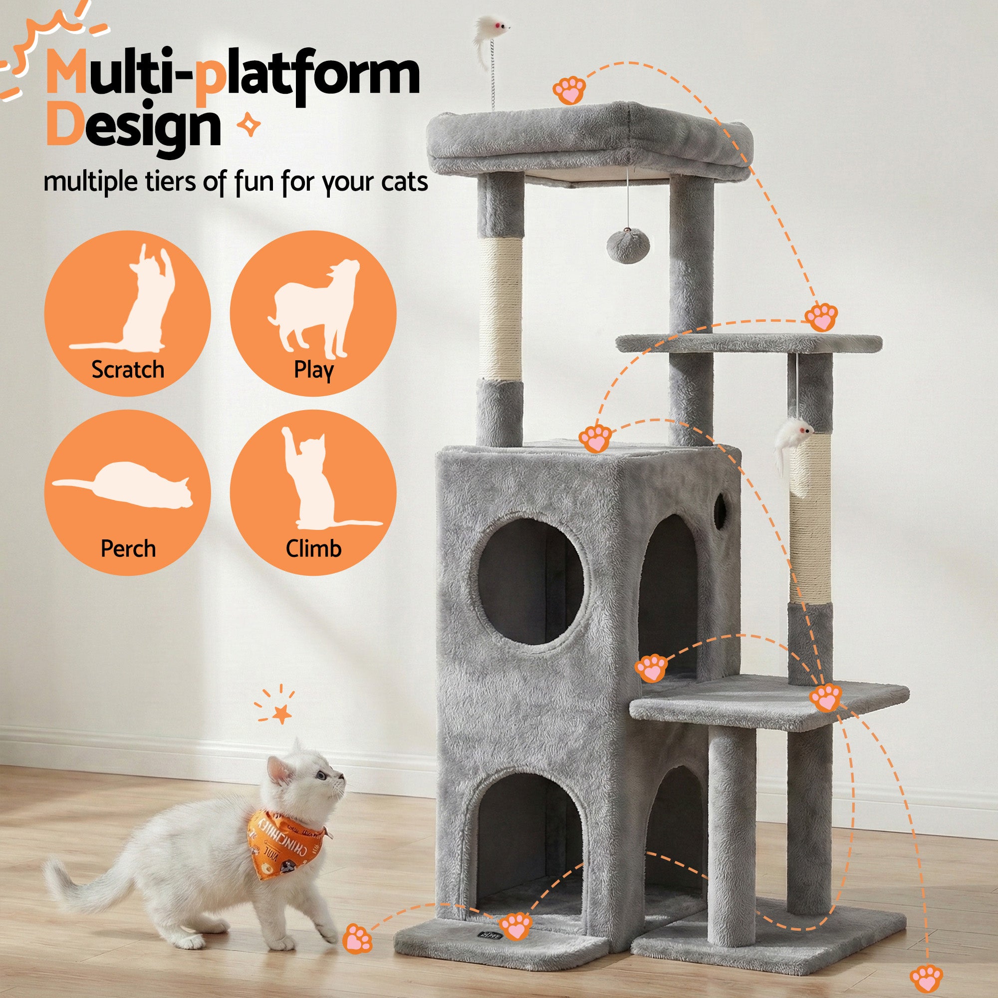 Everest Cat Tree Tower – Light Grey – 127 cm