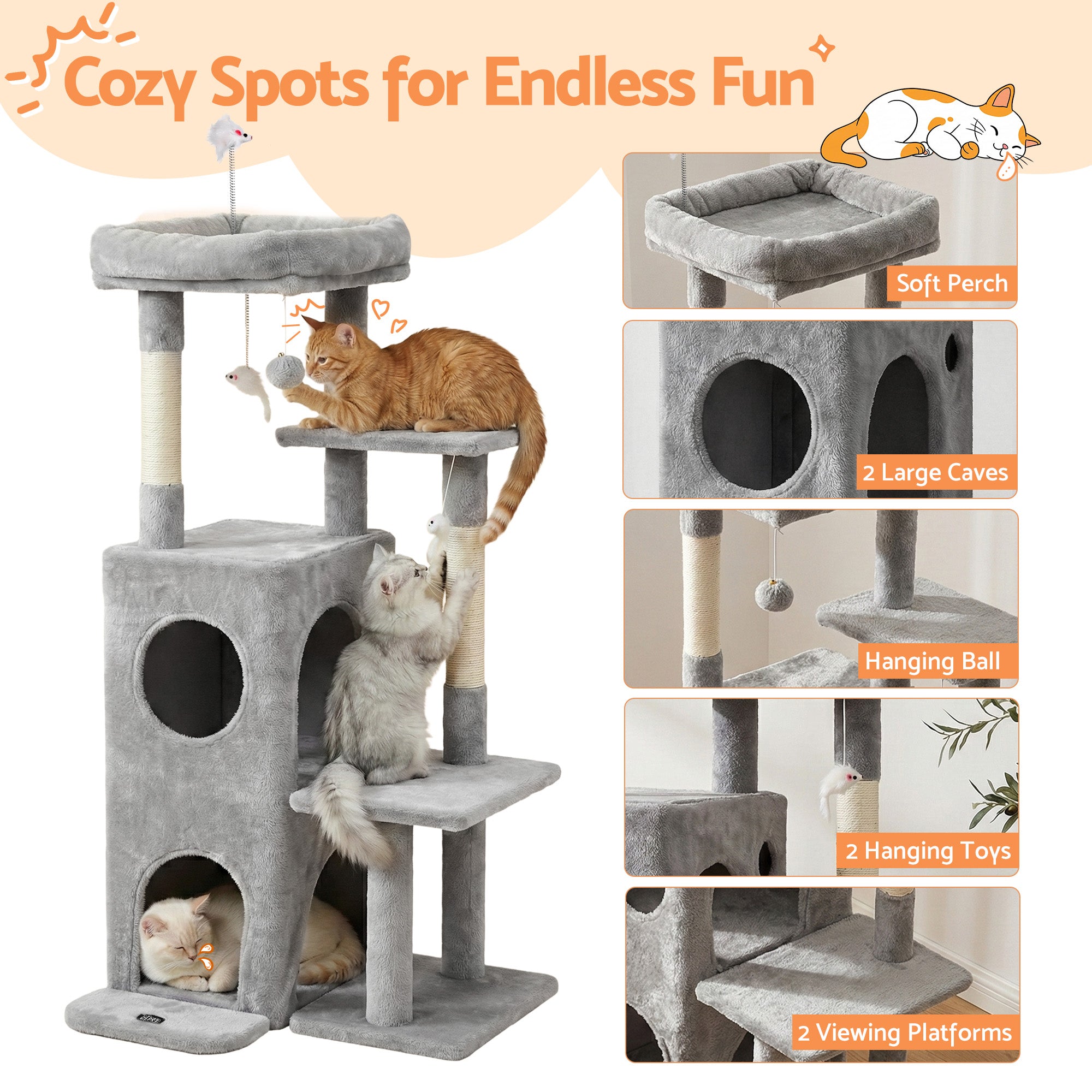 Everest Cat Tree Tower – Light Grey – 127 cm